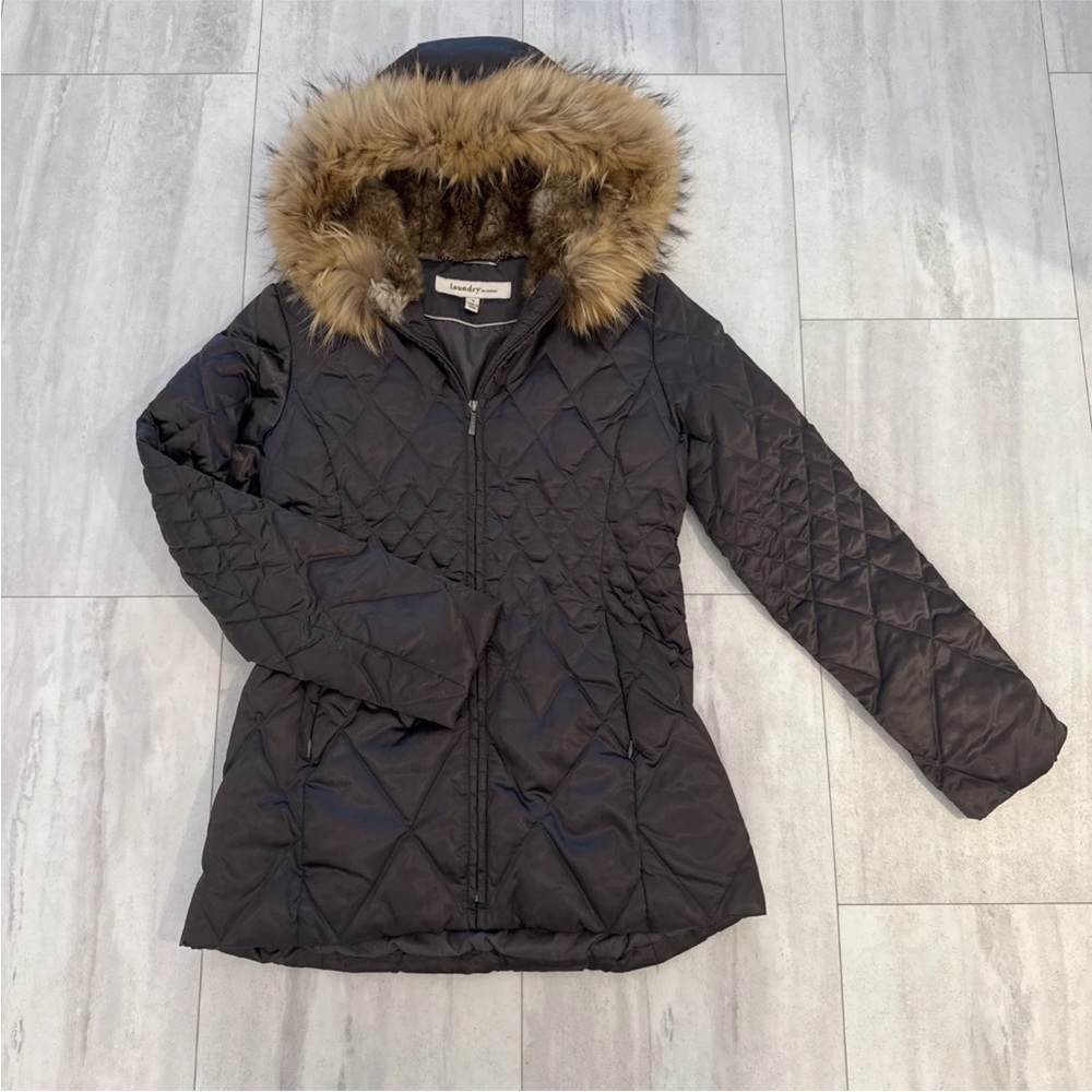 Laundry by Shelli Segal, Winter Coat Women Sz Medium, Gray Puffer Down faux Fur